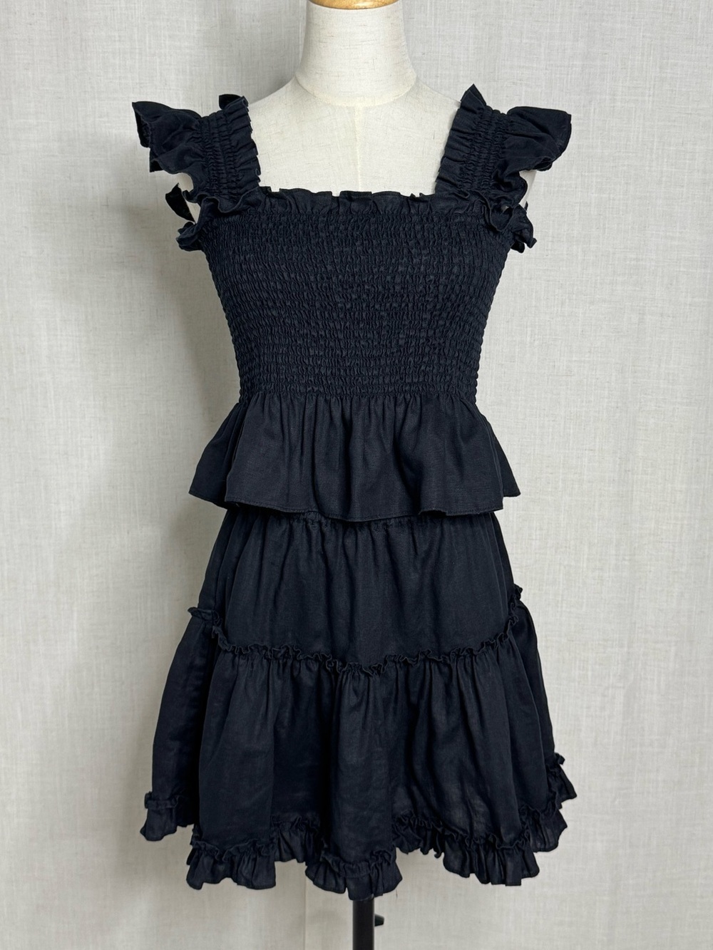 Hill House Home Paz Linen Top & Skirt Set Black Smocked Ruffle Size Large